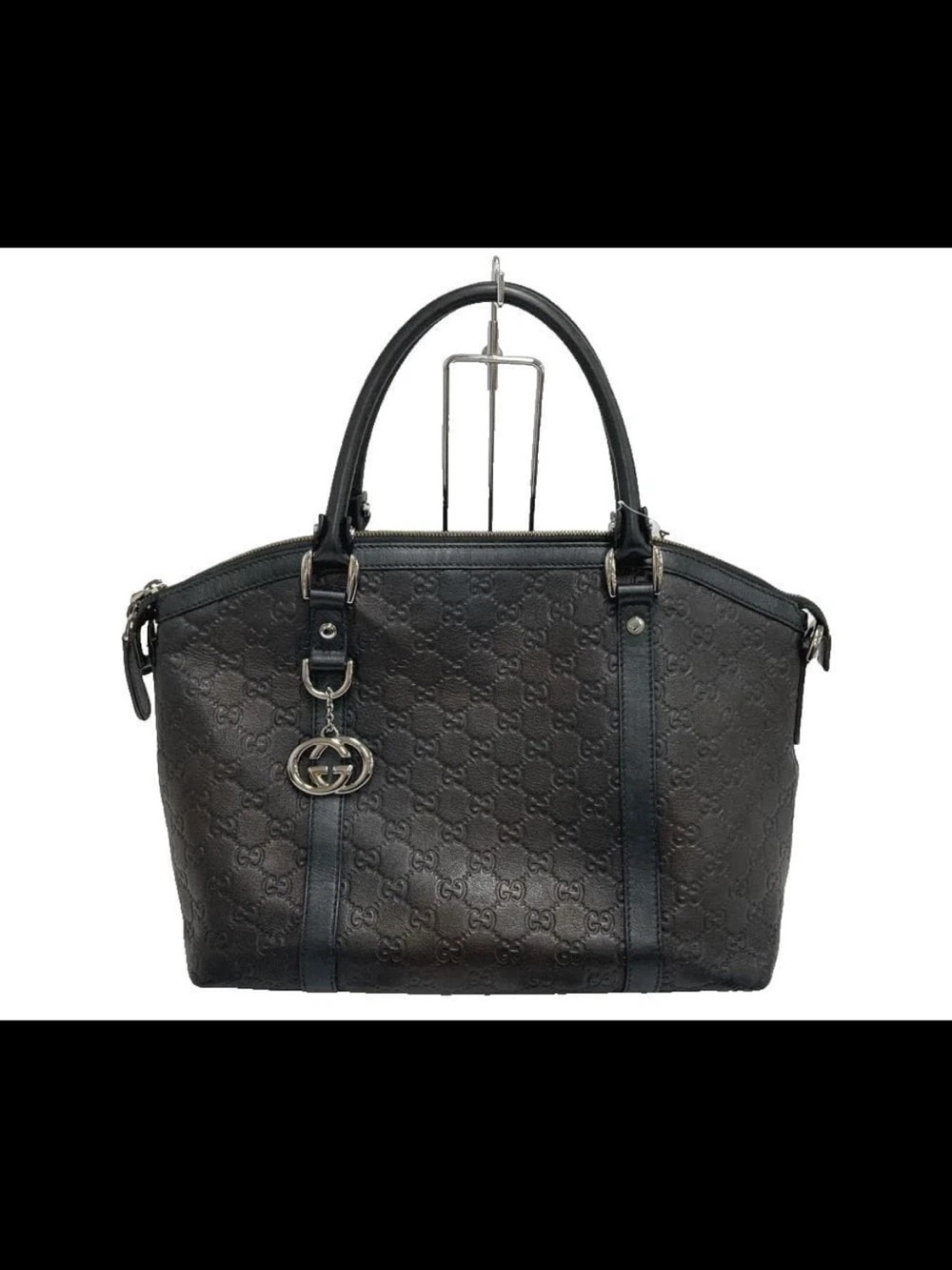 Gucci Black Embossed GG Leather Satchel with Silver Charm